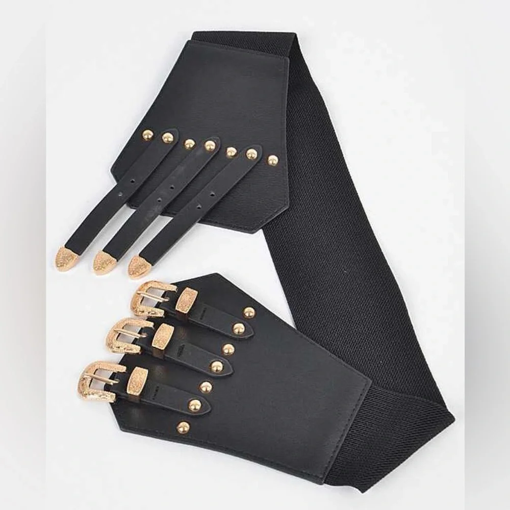 Vegan Leather Triple Buckle Corset Statement Belt